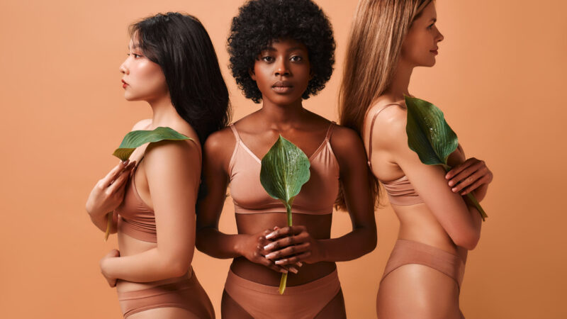 African-American, Asian and Caucasian women in beige lingerie holding a green leaf posing on beige background. The concept of skin care, cosmetology and spa treatments.