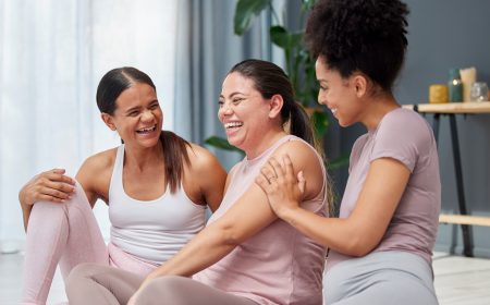 pregnant-yoga-class-or-women-laughing-after-exerc-2025-04-06-07-35-53-utc Pregnant, yoga class or women laughing after exercise, group training or fitness workout relaxing t.